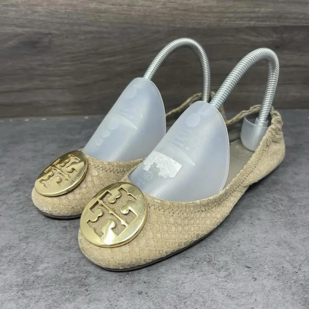 Tory Burch Reva Ballet Flats Womens Size 6.5 Beige Snake Slip On Shoes